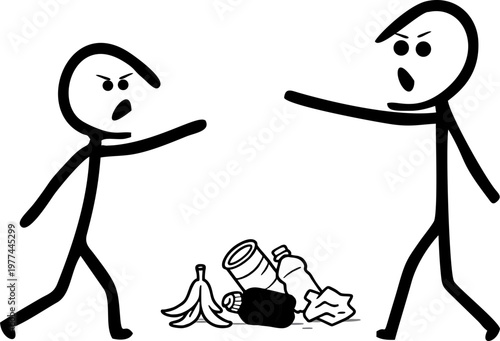 Angrily pointing at another stick figure who has just thrown trash on the ground