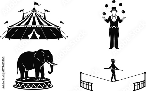 Circus performance silhouettes set isolated on white background, tent juggler elephant tightrope walker, entertainment show icons, vintage carnival illustration