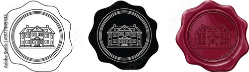 Collection of wax seal icons with building emblem representing authenticity and tradition perfect for branding and design