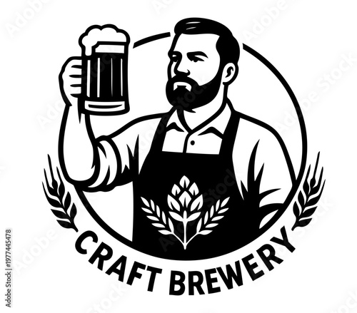 Bearded Brewer Raises Frothy Beer Mug, Symbolizing a Craft Brewery With Hops and Wheat Within a Circular Emblem, Showing Dedication to Brewing