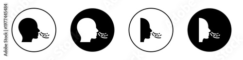 Breathing icon silhouette in round shape. Human head inhaling airflow through nose. Filled pictogram representing respiration, oxygen intake and fresh air concept. Vector illustration.
