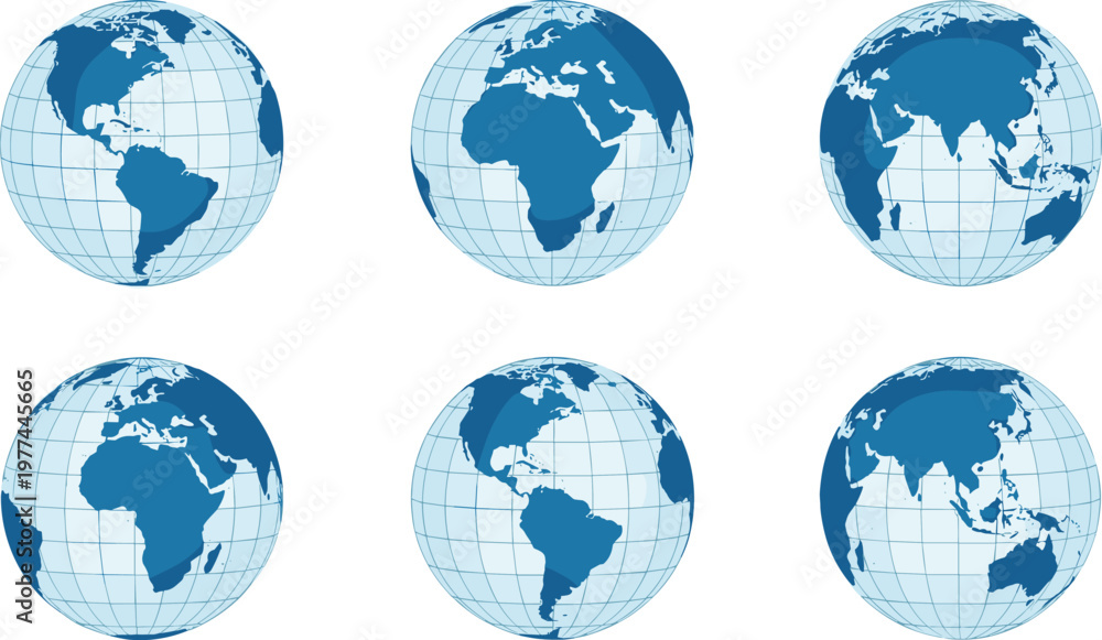 Obraz premium World Map Globe Vector Set with Earth Continents Geographic Views and Global Navigation Planet Illustration Collection