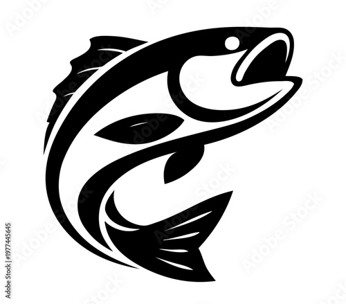 A bold black fish leaps upward with its mouth wide open, showcasing a dynamic movement against a stark white background. This stylized graphic features sharp fins and a powerful tail, suggesting