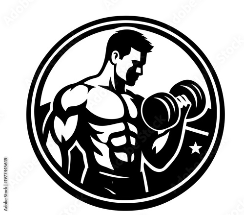 A muscular male bodybuilder performs a bicep curl, raising a heavy dumbbell with his arm. His chiseled physique and intense focus emphasize dedication to fitness, strength training, and muscle 