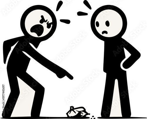 Angrily pointing at another stick figure who has just thrown trash on the ground