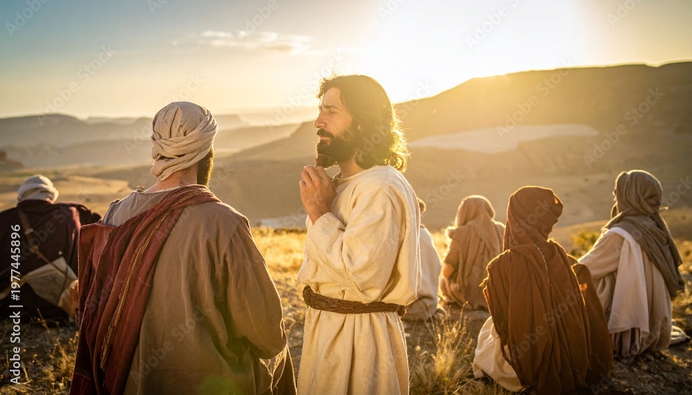 Naklejka premium Jesus Christ with his disciples in a rocky desert landscape at sunset biblical historical scene of faith and leadership in ancient Judea