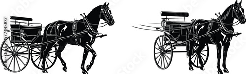 Horse carriage silhouettes isolated on white background, vintage transport wagon with harnessed horse, traditional vehicle illustration, classic rural transportation concept
