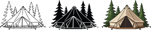 Collection of bell tents and pine trees isolated vector illustrations for camping and outdoor adventure themes