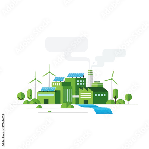 Eco friendly factory with solar panels and wind turbines green energy production industrial landscape