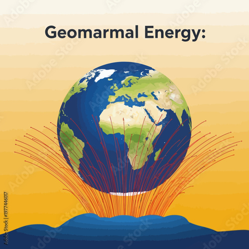 Geothermal energy concept with globe and red lines representing heat flow