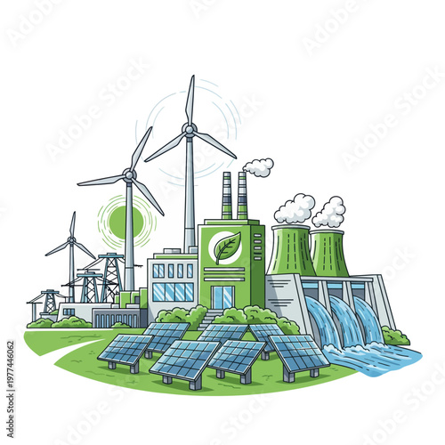 Renewable energy sources power plant with wind turbines solar panels and hydroelectric dam