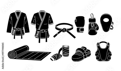 Combat Sports Training Equipment Black Silhouette Vector Icon Collection