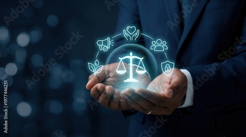 Responsible marketing embodies a balance between profit and social responsibility, shown by glowing ethics, transparency, and data protection icons.