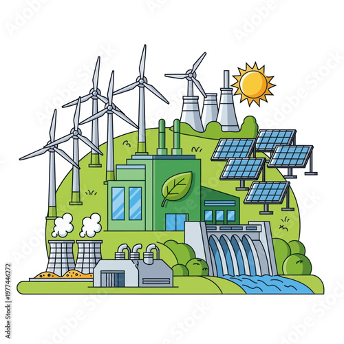 Renewable energy sources power plant with solar panels wind turbines and hydroelectric dam