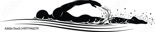 Swimming athlete silhouette, freestyle stroke in water splash illustration, sport fitness activity black white isolated design dynamic motion concept
