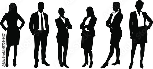 Silhouettes of diverse business professionals team standing in confident poses, corporate people group isolated on white background, leadership teamwork concept for office and management branding