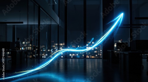Dynamic scene with energetic visuals. Office environment illuminated by vibrant momentum visuals