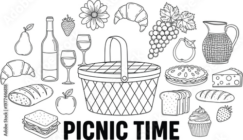 Large collection of hand drawn picnic time doodles featuring wicker basket wine bread fruit and snacks in black line art vector style for summer outdoor dining  