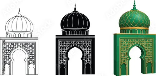 Collection of Islamic architectural elements including outline silhouette and colored mosque gate designs ideal for cultural or historical p