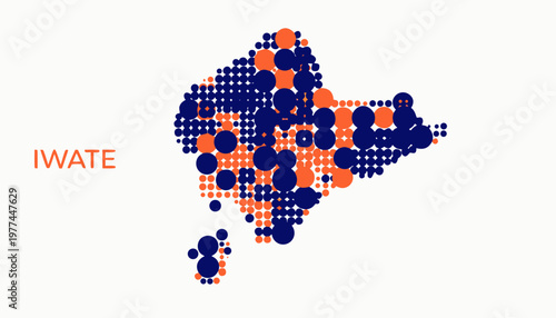 Map of Iwate Prefecture in Japan, colorful dot pattern