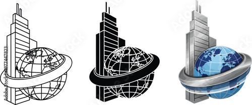 Global business and real estate logo skyscraper and earth icon corporate identity for international companies isolated on white