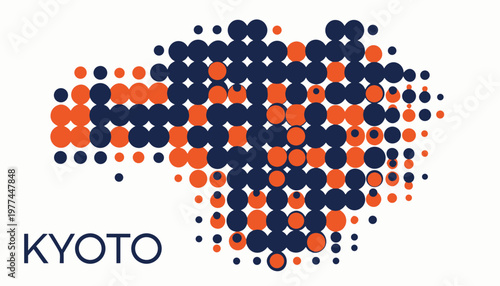 Kyoto city map illustration with orange and blue dots on white background