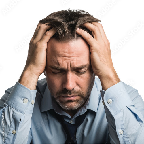 Male professional displays intense stress and worry with hands on head during a tense moment in a work setting.