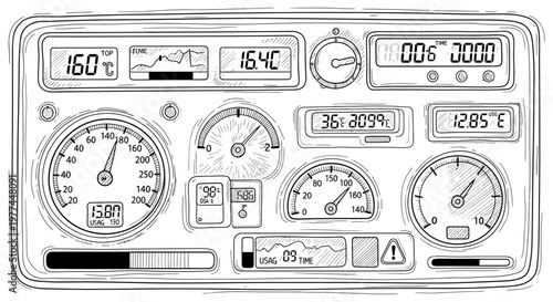 Car dashboard with gauges and digital displays