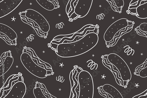 Hand drawn Hot Dog Seamless Pattern Vector Illustration Background