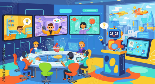 Children in a futuristic classroom with a robot teacher