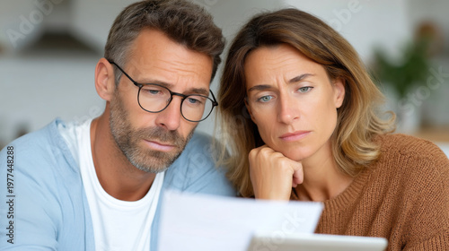 Concerned caucasian adults reviewing documents together at home