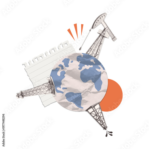 Global oil market and environmental policy concept. Retro halftone collage of earth globe with oil rigs and paper document. Vintage pop art vector illustration for world energy crisis and ecology.