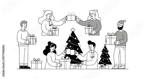 Diverse group of people joyfully celebrating winter holidays, exchanging presents and toasting with warm beverages beside decorated christmas trees, featuring clean lines,