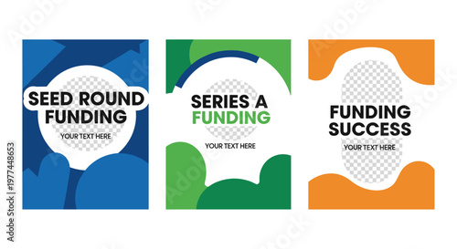 Bold modern geometric shapes in blue, green, and orange framing circular placeholders with text for seed round, series a funding, and funding success announcements, perfect for