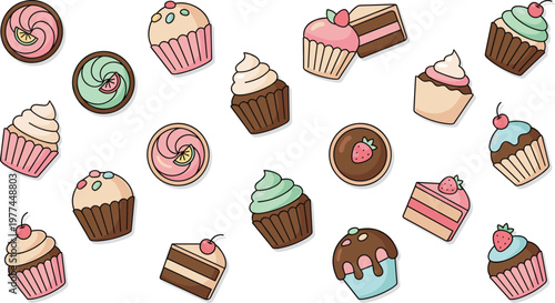 Delicious Collection of Cupcakes, Cakes, and Pastries with Different Frostings, Toppings, and Flavors for Bakery Illustrations