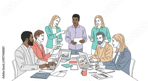 Diverse team collaborates around a table, analyzing charts and graphs on laptops, discussing strategies with enthusiasm and focus, showcasing modern office synergy, team building,