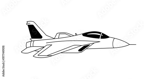 Sleek modern fighter jet depicted with bold black outlines and solid dark accents, showcasing aerodynamic contours and a powerful silhouette, perfect for aviation themes, military