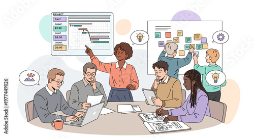 Diverse team collaborates on project planning, brainstorming ideas with gantt charts, sticky notes, and digital tablets, fostering innovative solutions and strategic development.