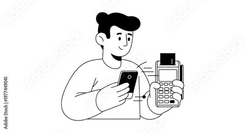 Person holding smartphone near payment terminal, demonstrating contactless transaction using mobile device for secure cashless purchases, clean line art style, simple graphic