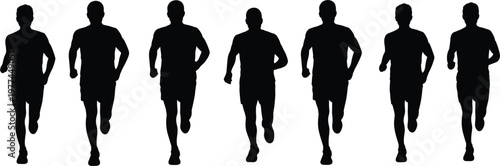 Group of men running silhouettes from front view, black vector for marathon sport design