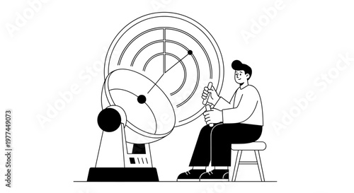 Young man operating a large radar dish with concentric circles and a targeting dot, using clean lines and a simple black and white palette for modern communication or technology