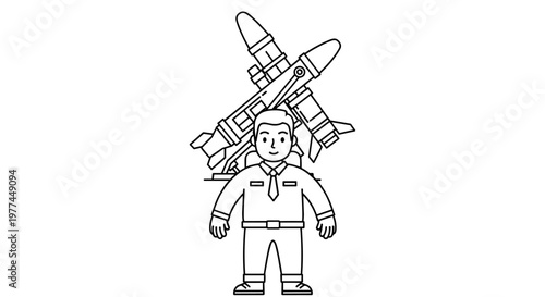 Smiling man in uniform stands confidently beside a large, sleek missile system, showcasing military readiness and technological advancement with clean, scalable vector lines and a