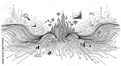 Cityscape illustration with circuit board technology and futuristic design