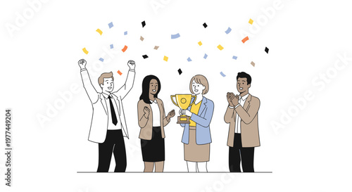 Diverse team celebrates victory holding golden trophy with confetti raining down, conveying success, achievement, and team spirit in a modern, minimalist style with clean lines