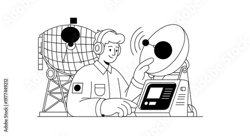 Smiling technician wearing headphones, adjusting a satellite dish connected to a control panel, with a large radio telescope structure in the background, representing