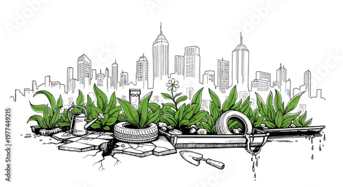 Cityscape with green plants growing out of a gun, symbolizing peace and nature