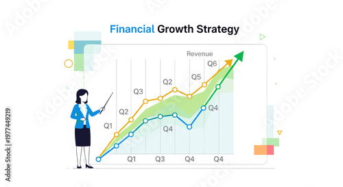 Professional woman in blue blazer presents financial growth strategy with upward trending revenue graph, showcasing quarterly performance and positive market outlook, clean vector