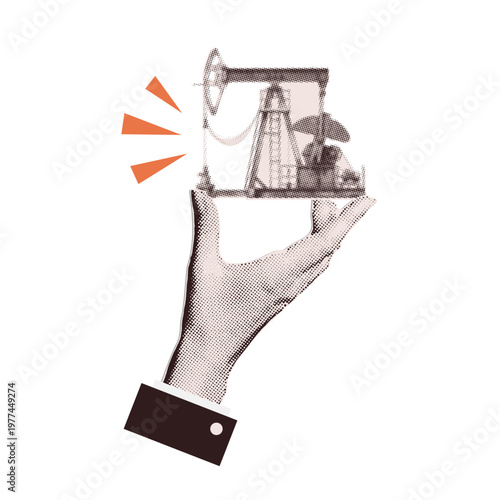 Oil industry and energy business concept. Retro halftone collage of businessman hand holding oil rig pump jack. Vintage pop art vector illustration for fuel market, investment and power control.