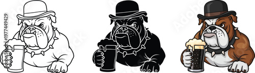 English bulldog character wearing a bowler hat and holding a beer pint presented in outline silhouette and color styles for pub or bar brand