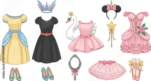 Princess Dress and Fairy Costume Vector Set with Crowns Swan Wand Ballet Shoes and Magical Fashion Accessories Illustration